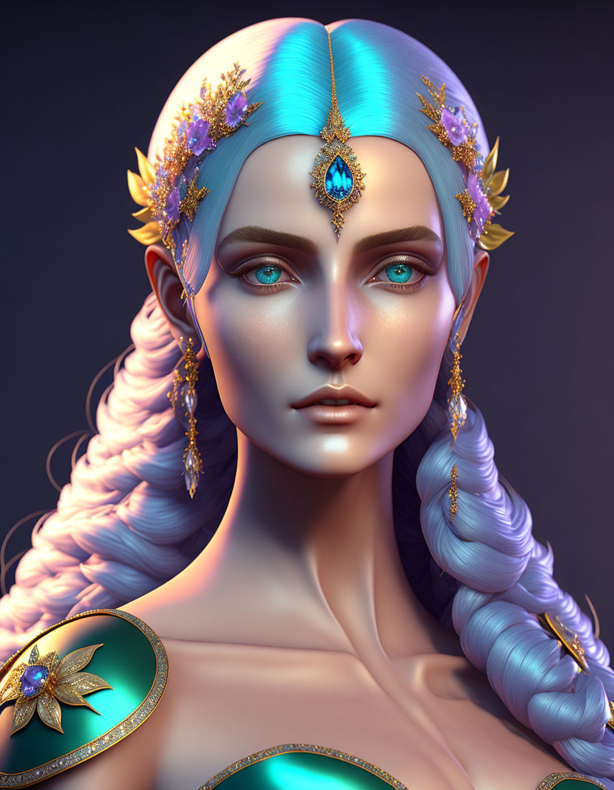 Fantasy female character portrait with blue eyes and elaborate headdress