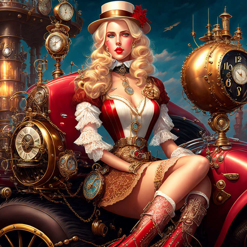 Steampunk-themed woman with clocks and vintage car in mechanical setting