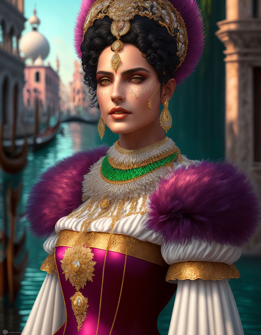 Regal woman in gold jewelry, purple dress with fur trim, in Venetian canal setting