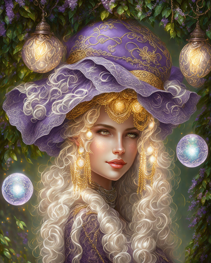 Fantasy woman with curly blonde hair in ornate purple hat surrounded by orbs and lanterns in green