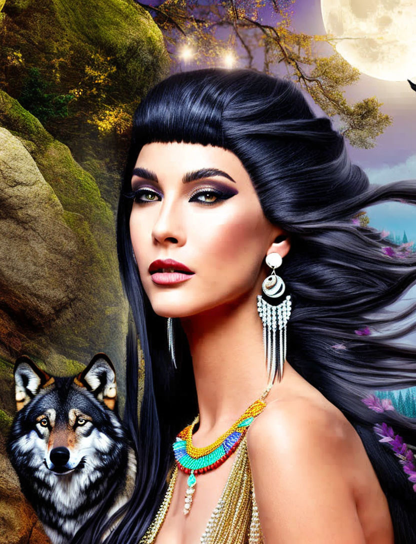 Digital art portrait of woman with black hair, bold makeup, colorful jewelry, and wolf under moonlit