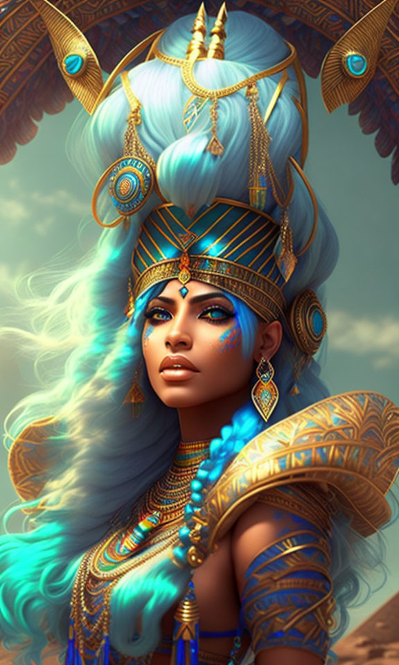 Digital Artwork: Woman with Blue Hair & Egyptian Headdress