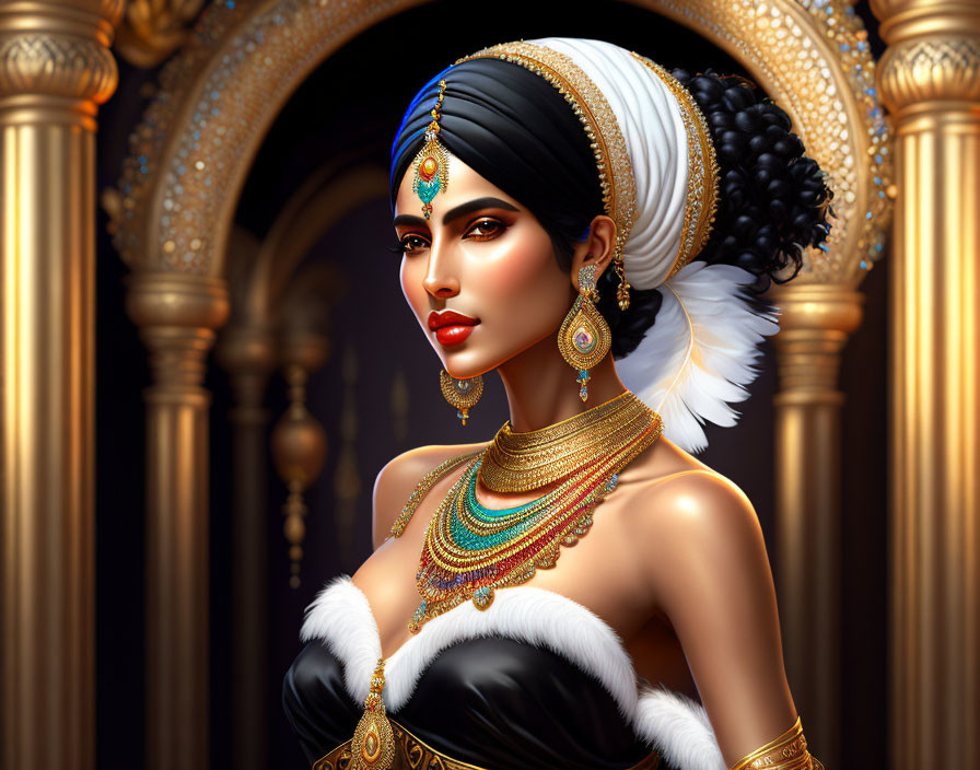 Elaborate gold jewelry and feathered headdress on regal woman against golden archway.