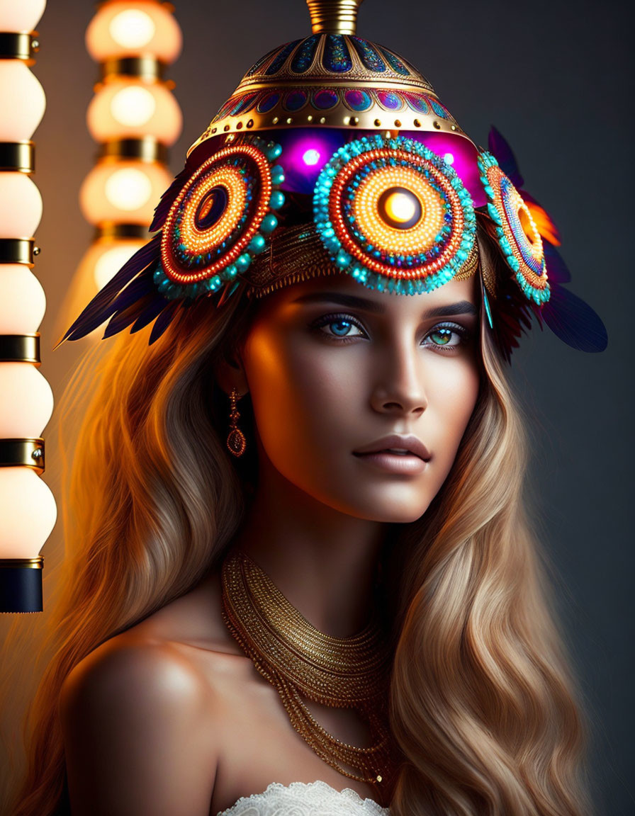 Woman with Striking Blue Eyes and Intricate Headdress