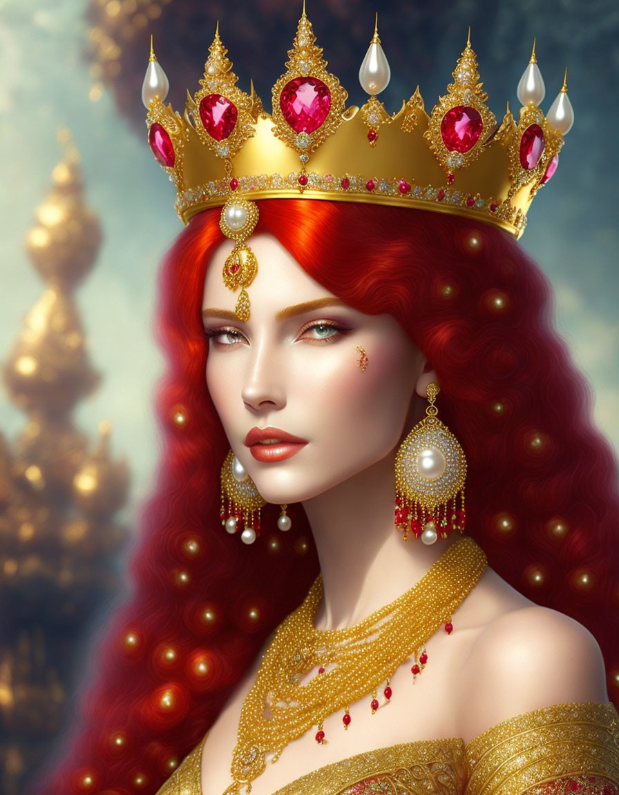 Regal woman with fiery red hair and golden crown illustration