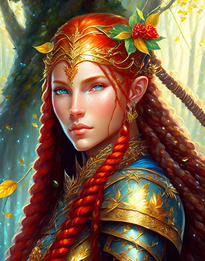 Fantasy illustration of woman with gold leaf crown and armor in forest