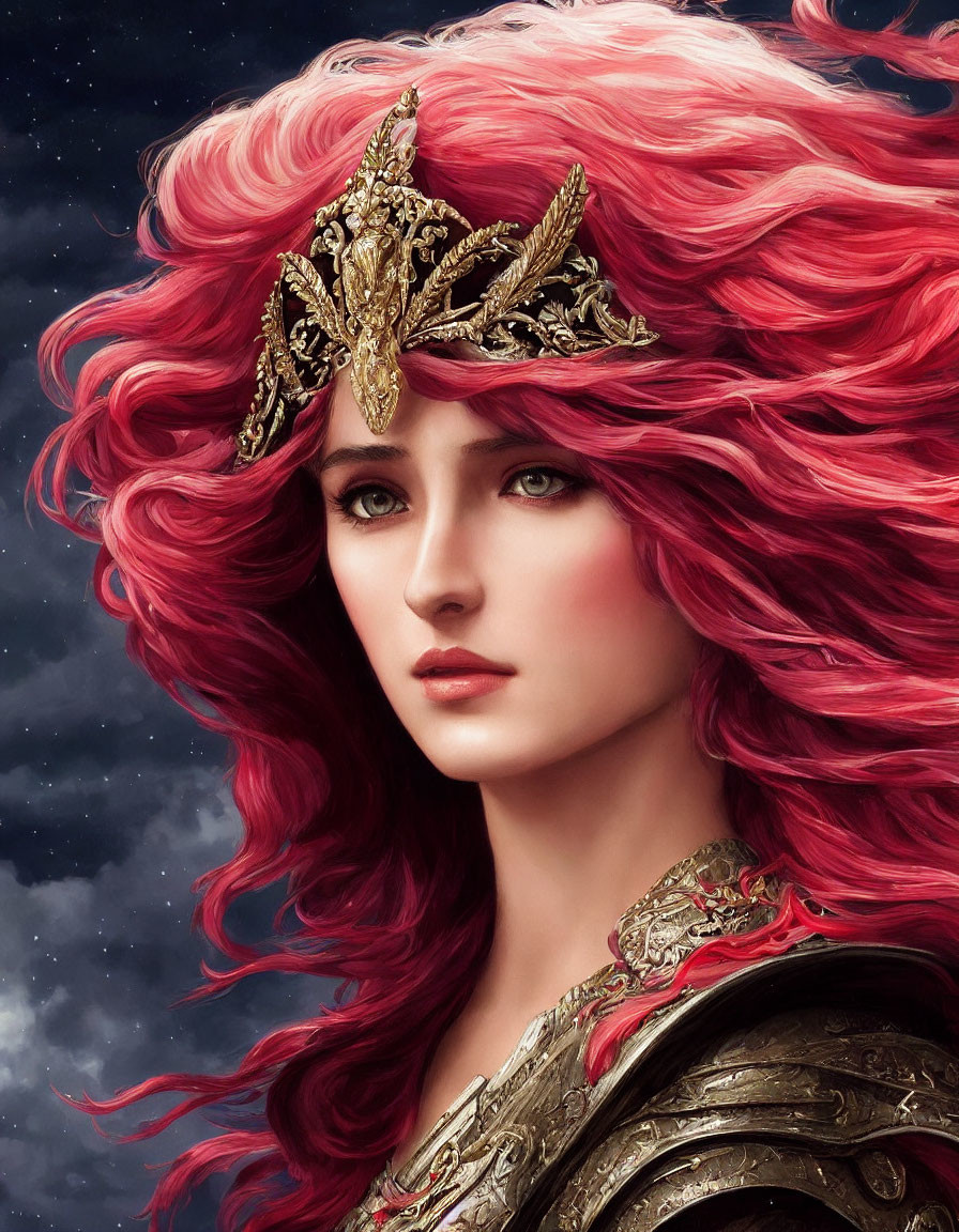 Vibrant pink-haired woman in ornate gold circlet and cosmic armor