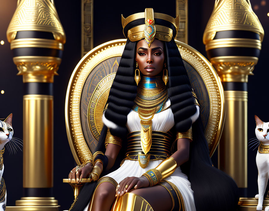 Ancient Egyptian queen with cats on throne and hieroglyph pillars