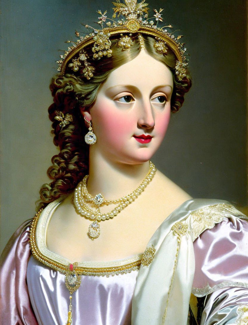 Regal woman portrait in crown, pearl necklace, pink satin gown