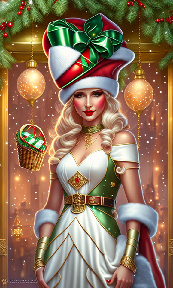 Festive female character in Santa-like outfit by wintry window