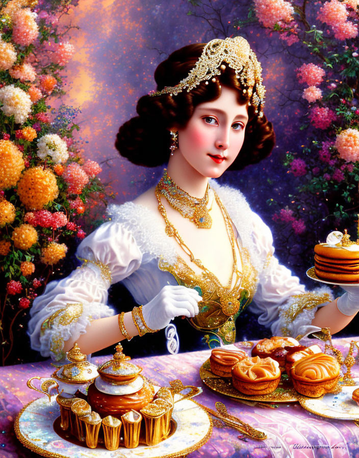 Vintage Attired Woman Serving Tea Surrounded by Flowers