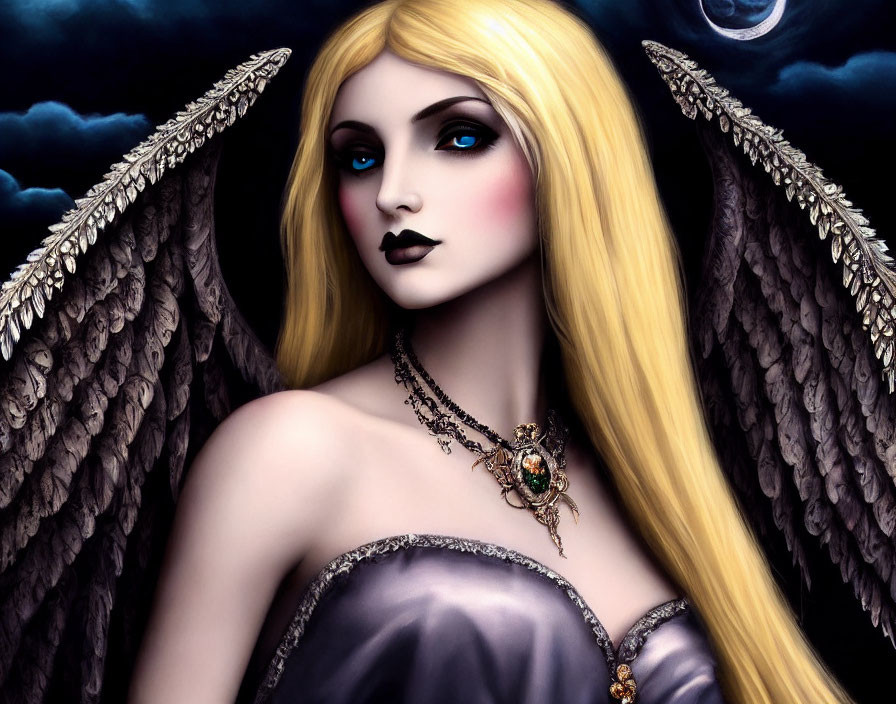 Blonde-haired angel with dark lipstick and feathered wings in purple dress under moonlit sky