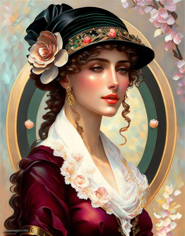 Digital painting: Woman with curly hair in vintage outfit and flower-adorned hat, against halo background