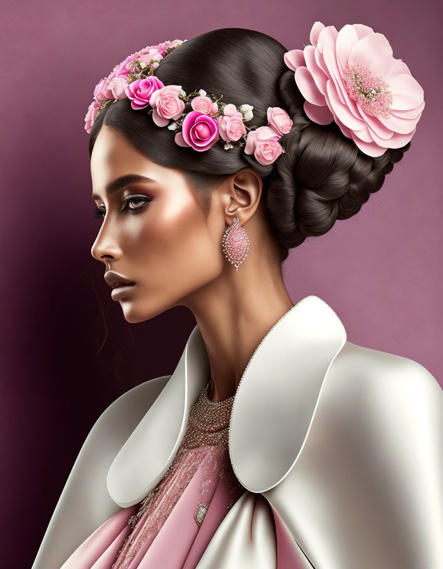 Illustration of woman with braided updo, pink flowers, white coat, pink dress, sparkling