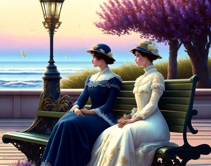 Two elegantly dressed women on bench by sea at sunset with purple trees and lamp post.