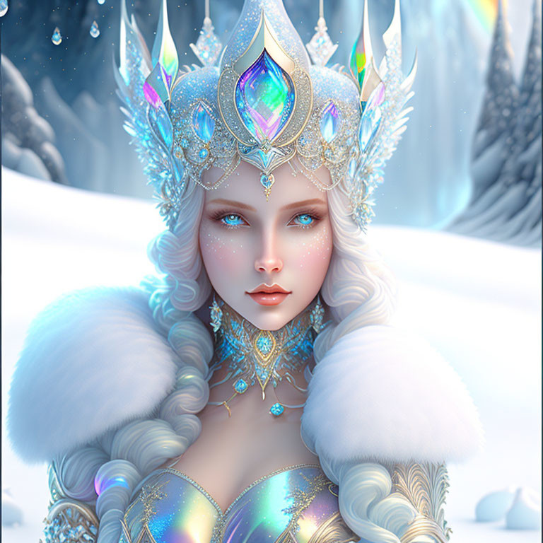 Fantastical female figure with blue eyes and silver hair in gem-encrusted crown and fur