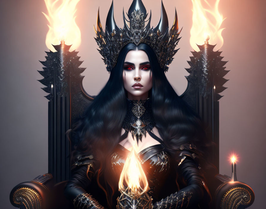 Dark Crowned Figure Surrounded by Flames and Thrones