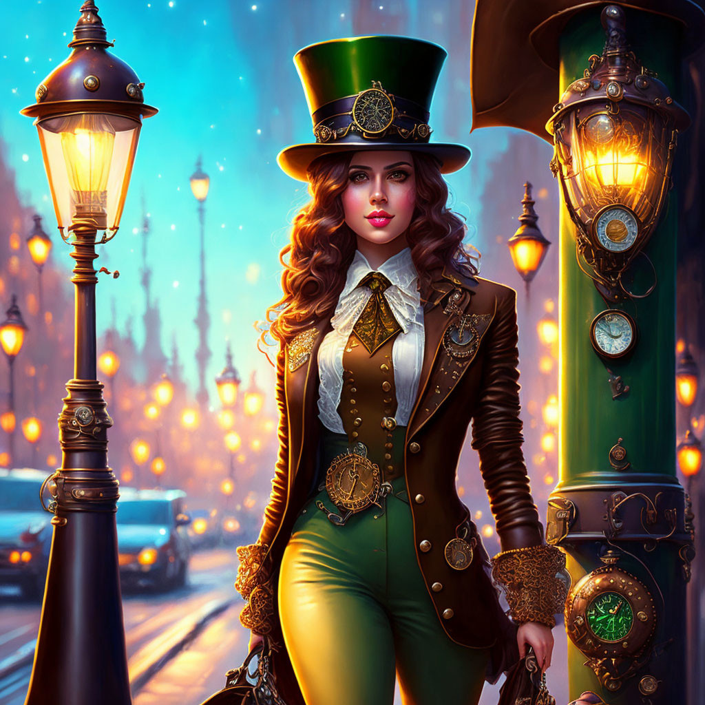 Steampunk-themed woman in top hat beside ornate lamp post at dusk