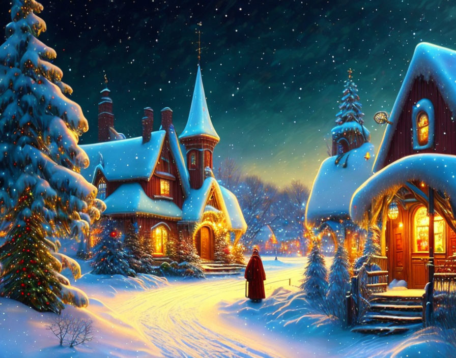 Winter night scene: snow-covered village, illuminated houses, person walking, gentle snowfall, starry