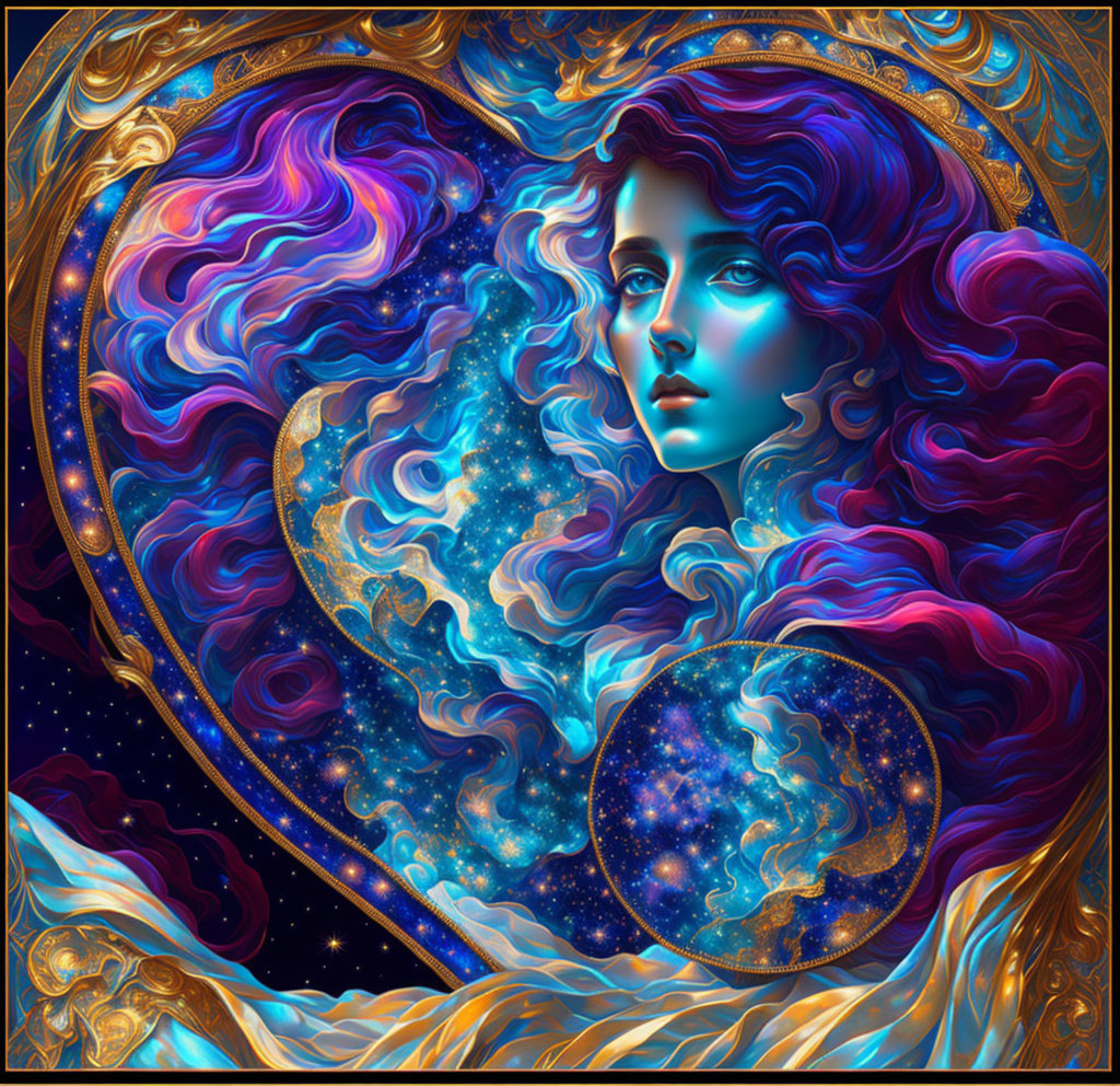 Detailed cosmic-themed woman's profile in ornate heart border