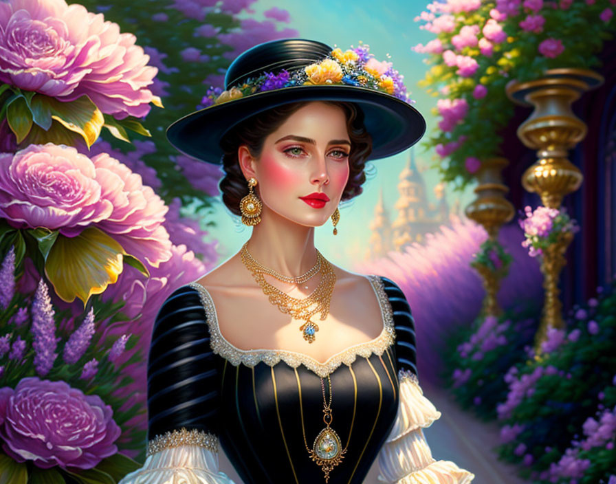 Vintage Attired Woman with Floral Hat and Elegant Jewelry in Front of Castle and Lush Flowers