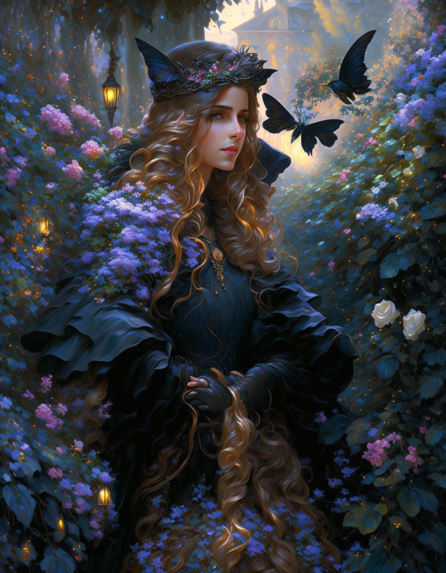 Mystical woman with curly hair in dark feathery gown among blooming flowers