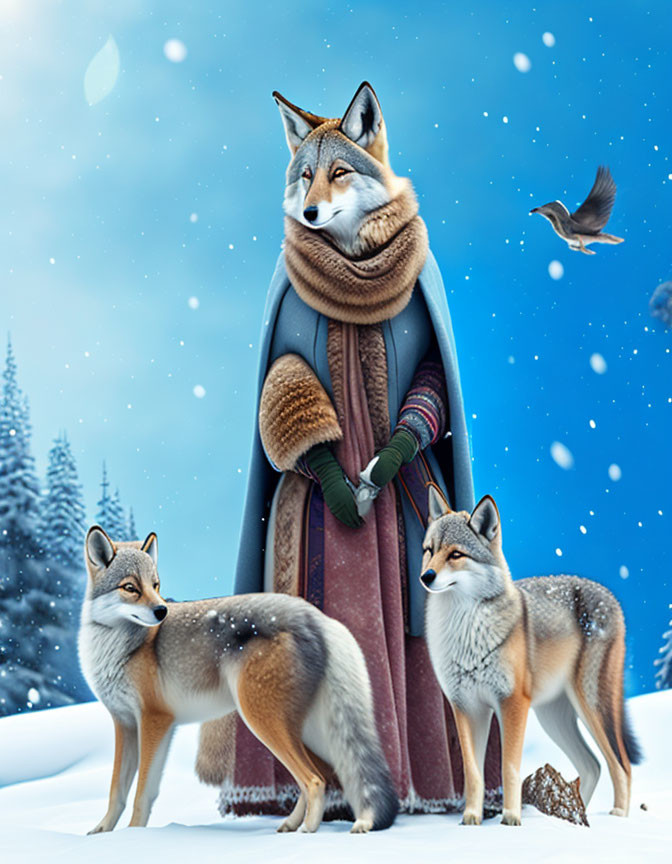 Anthropomorphic fox in cloak and scarf with natural foxes in snowy forest landscape