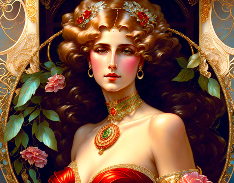 Elaborate Golden Jewelry and Red Attire Woman Portrait