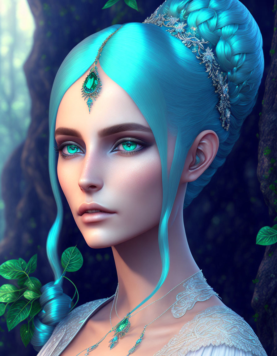 Digital portrait of woman with blue hair and jewelry in mystical forest