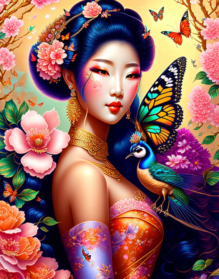 Illustrated woman with blue hair, peacock, butterflies, and flowers on gold jewelry against floral backdrop