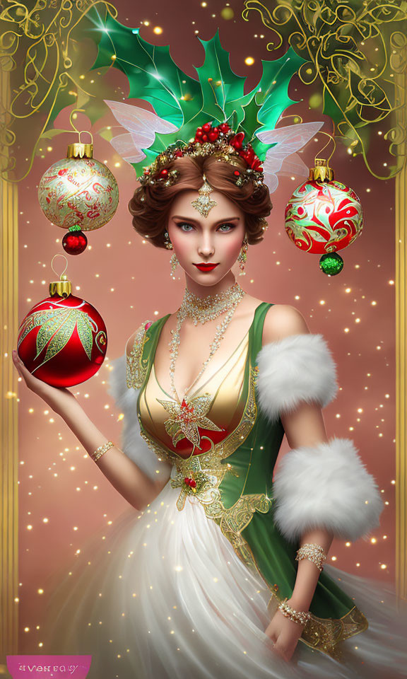 Festive Christmas-themed illustrated woman with holly crown and ornaments