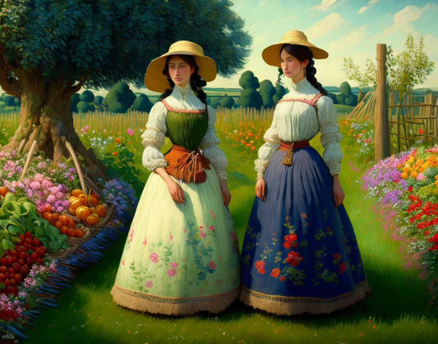 Two women in traditional dresses and wide-brimmed hats in lush garden setting