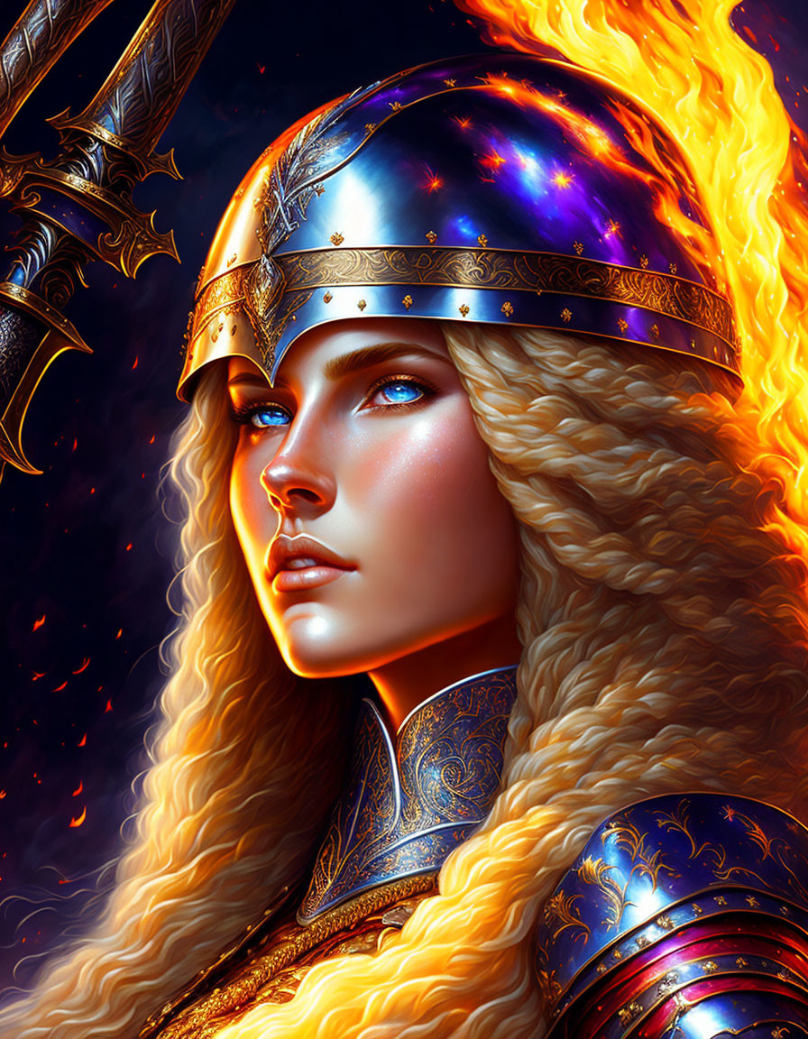 Female Warrior Digital Artwork: Golden-Haired Warrior in Flames with Ornate Armor