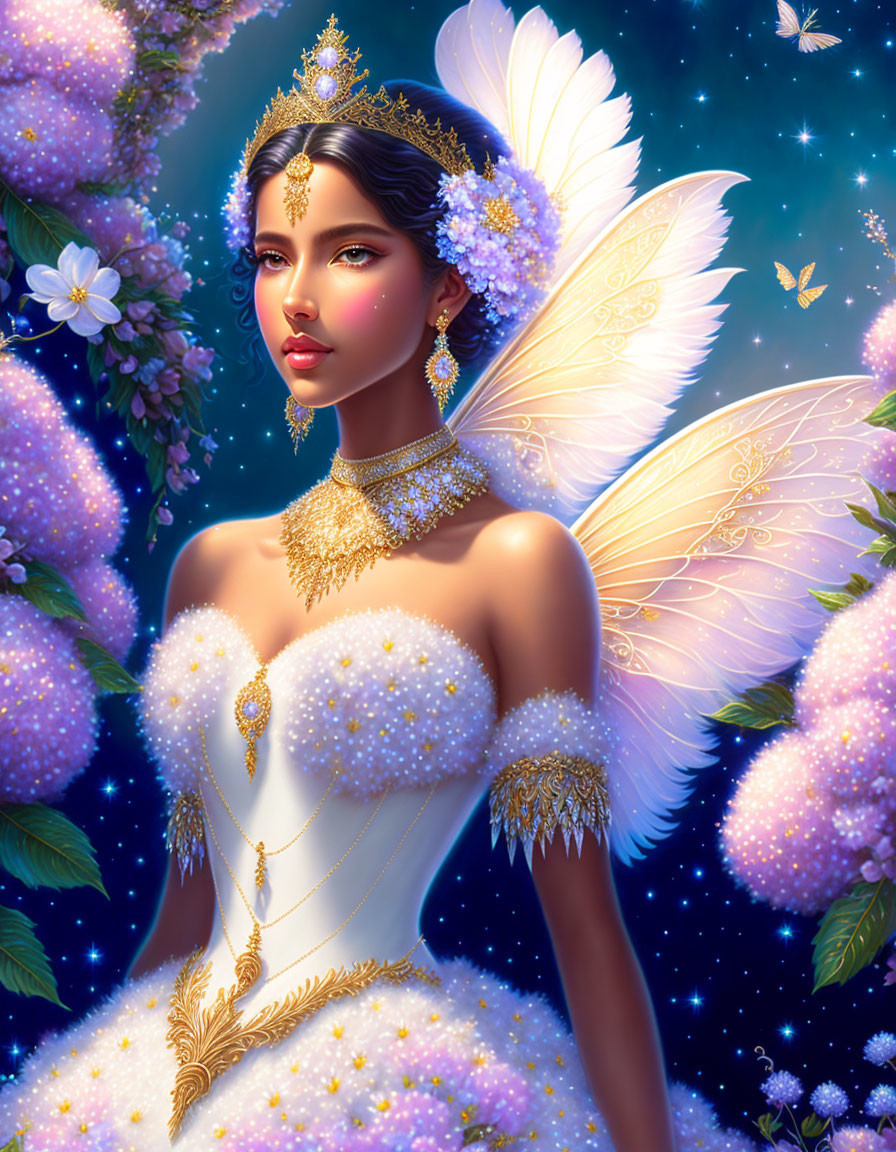 Regal woman with wings in golden jewelry and white dress on starry night.