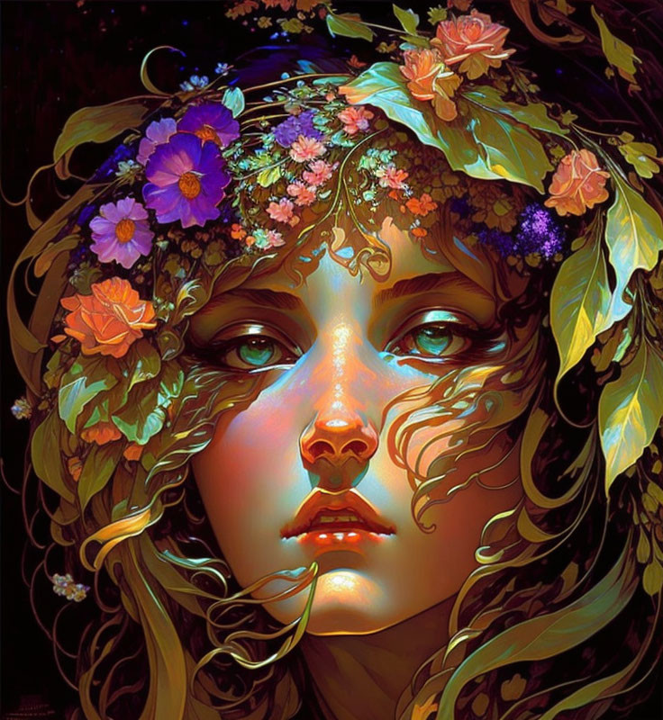 Digital painting of woman with floral crown and golden hair on dark background