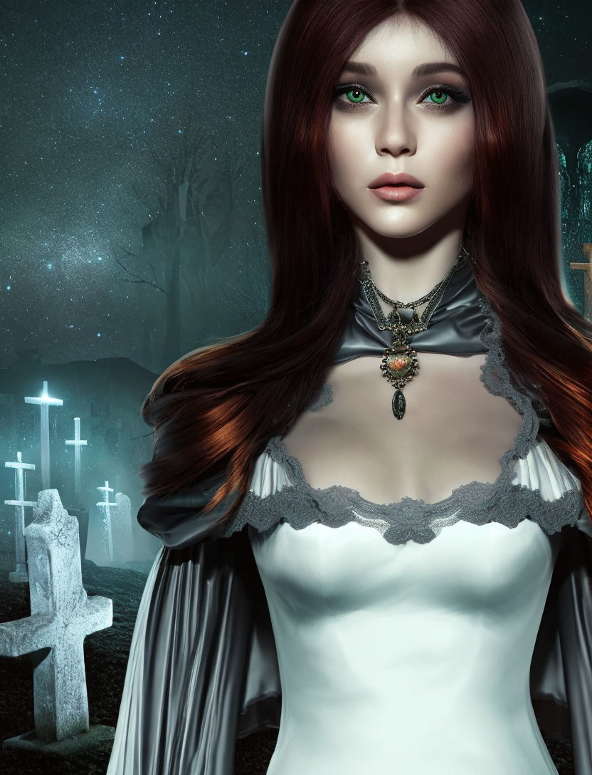 Digital artwork: Woman with red hair, green eyes in Victorian dress at night cemetery.