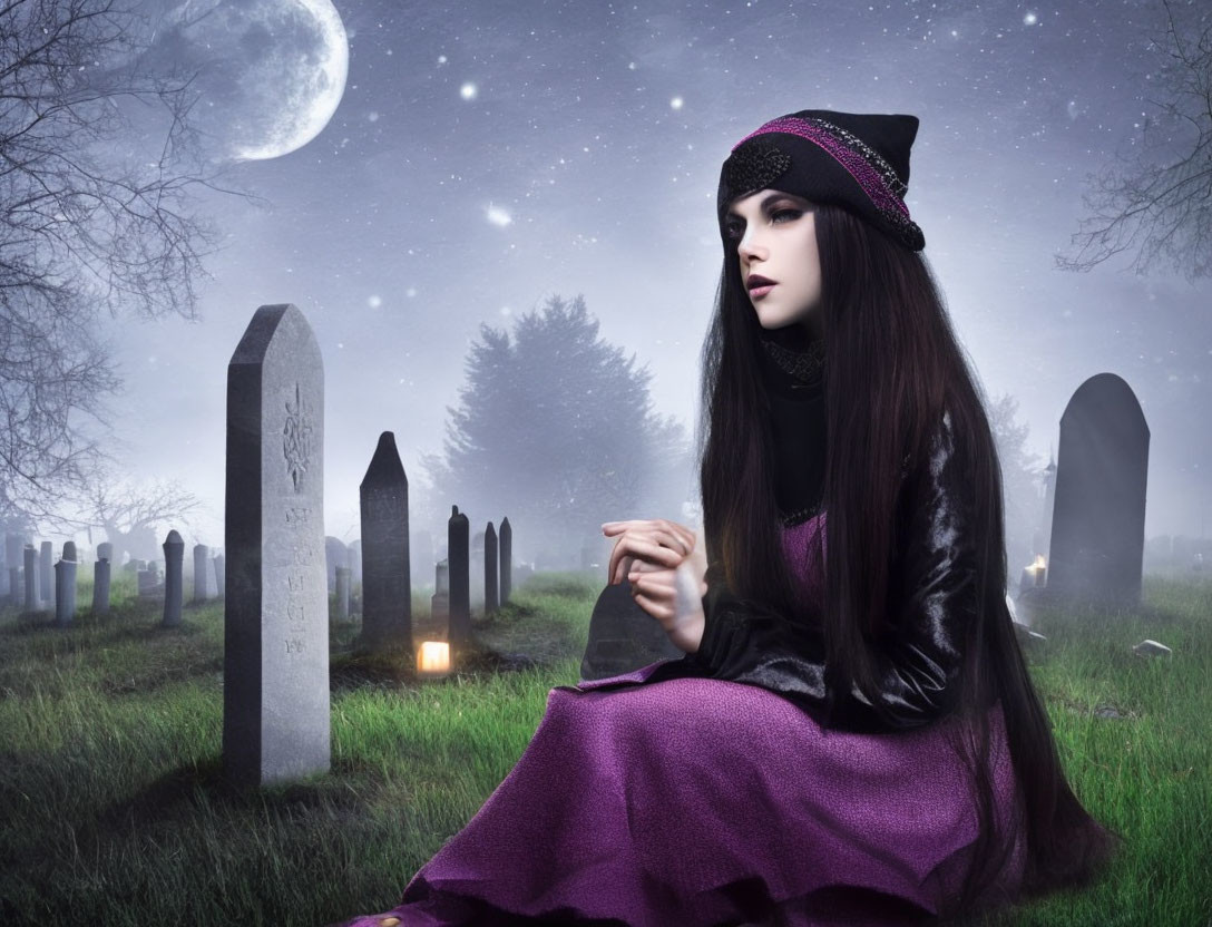 Woman in purple and black outfit in foggy cemetery at night with full moon