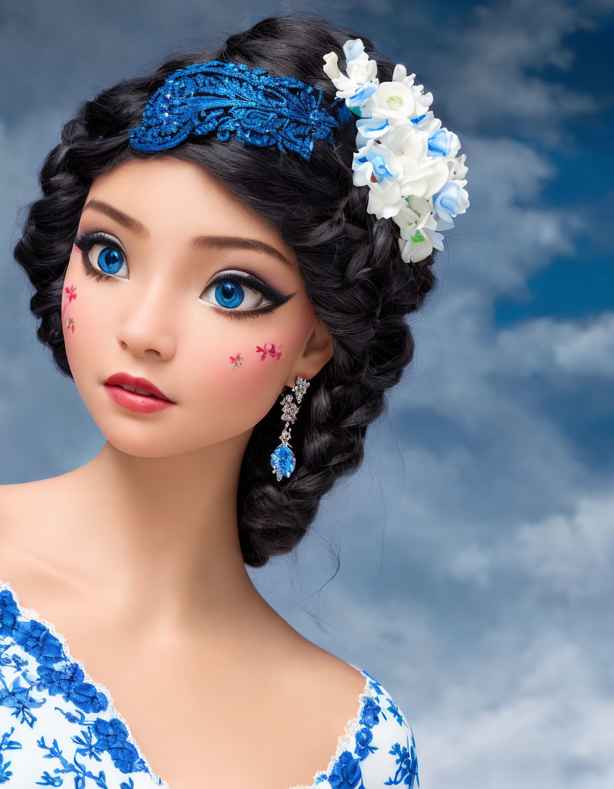 Doll-like female character with blue floral accessories and striking blue eyes