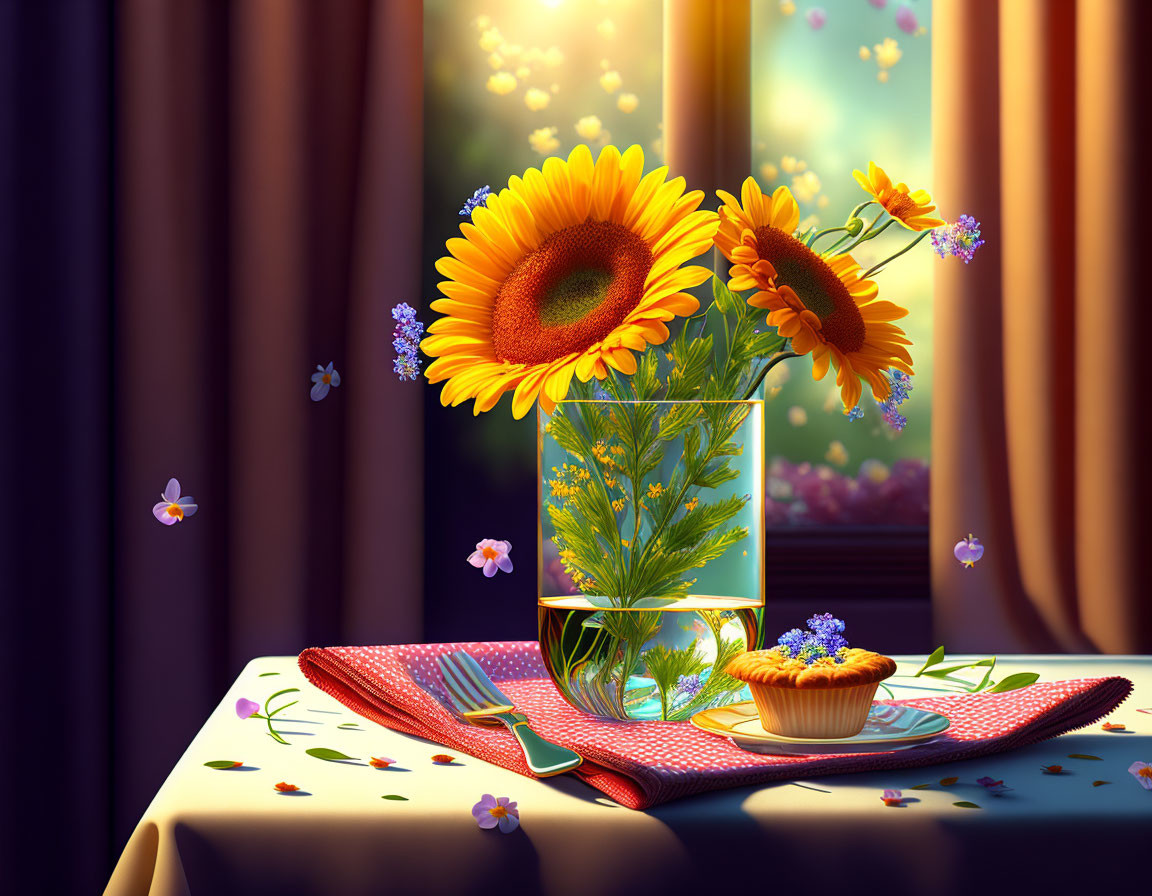 Sunflower bouquet, cupcake, utensils, butterflies, and sunny garden in a vibrant still life