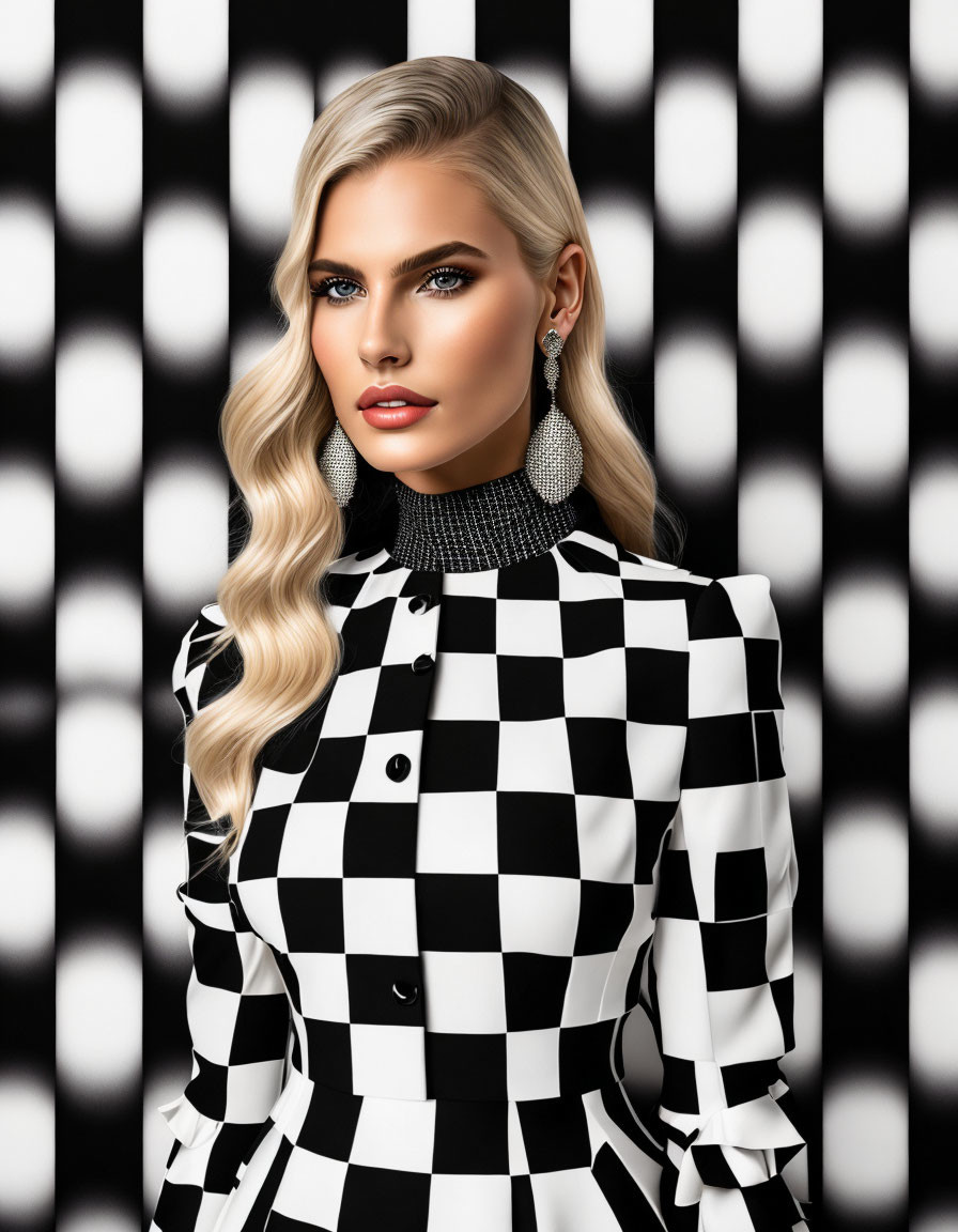 Blonde Woman in Checkered Dress on Spotted Background