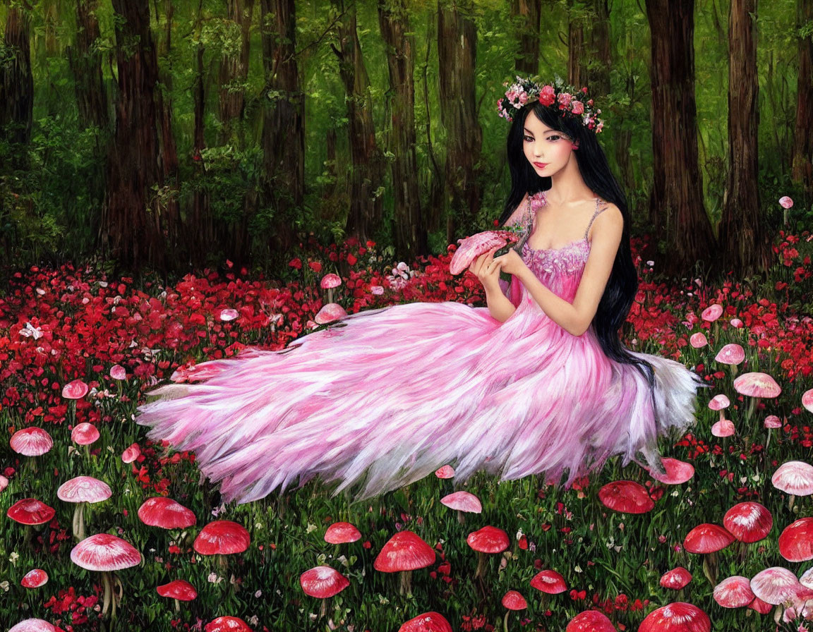 Woman in Pink Gown Surrounded by Red Mushrooms and Flowers in Mystical Forest