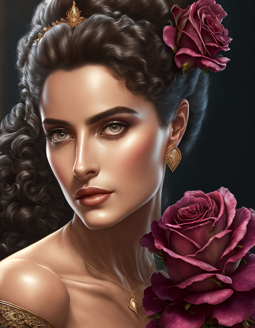 Curly Haired Woman with Rose and Gold Jewelry on Dark Background