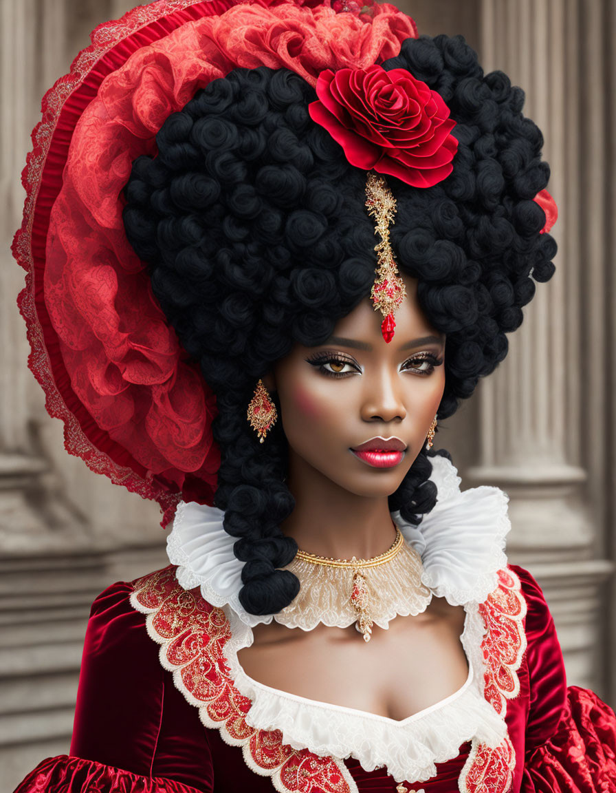 Woman with dramatic black updo and red flower in historical dress and gold jewelry