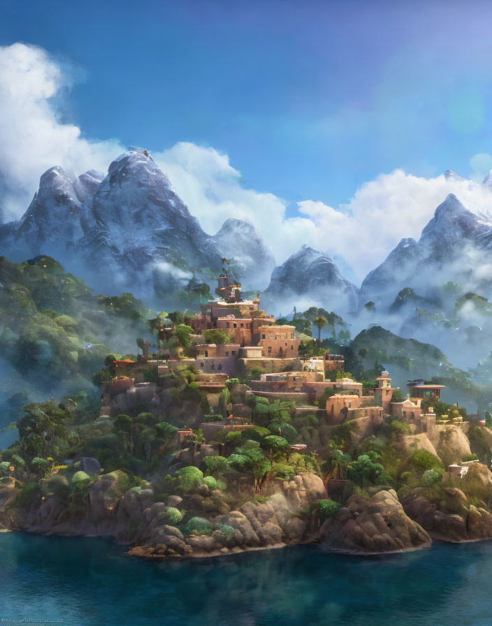 Coastal village with terracotta-roofed houses, mountains, and lush greenery