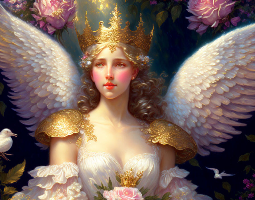 Regal figure with angelic wings, golden crown, ornate armor, surrounded by blooming roses