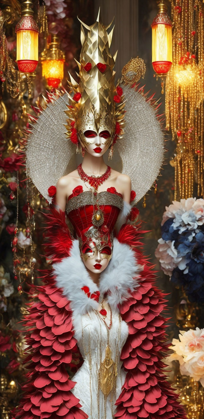 Person in Gold and Red Mask with Crown and Feathered Collar, Surrounded by Lanterns and