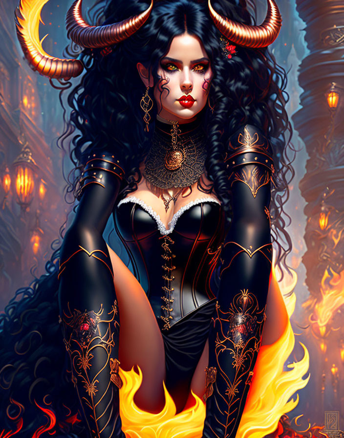 Fantasy digital artwork: Woman with horns in gold and black attire, flames, gothic architecture