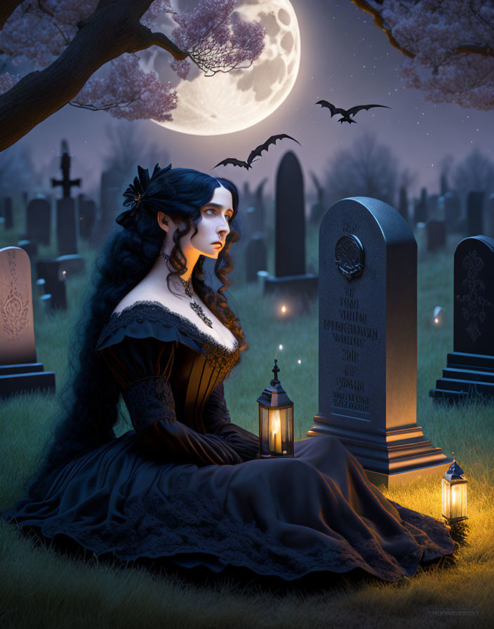 Victorian woman at moonlit cemetery with bats, lanterns, and cherry blossoms