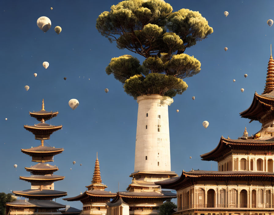 Surreal landscape with floating trees and rocks above Asian-style pagodas