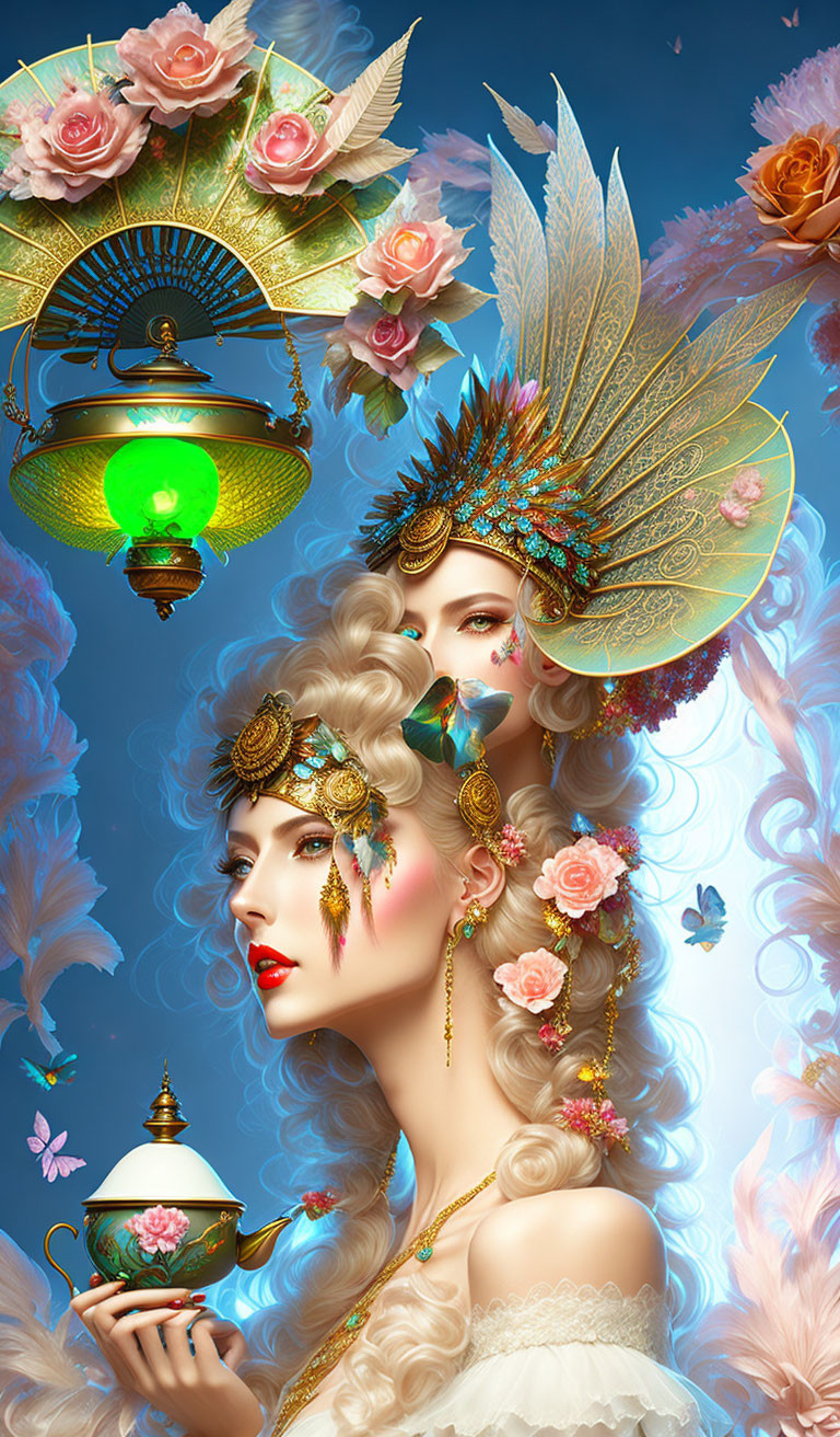 Detailed illustration of woman with golden jewelry, feathers, teapot, roses, and green lamp.